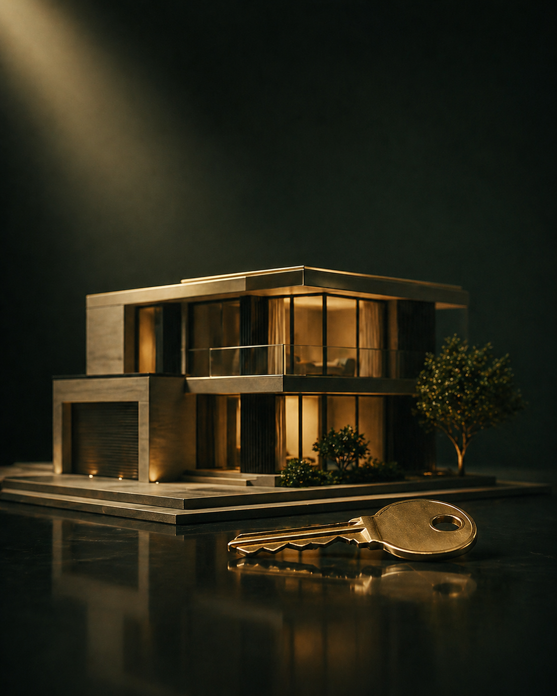 Goldenes Immobilien-Symbol mit Schlüssel und Haus — Künstliche Intelligenz im Maklerbüro