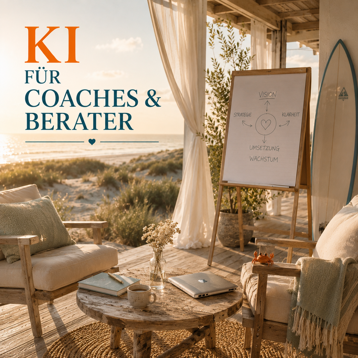 KI für Coaches und Berater — ruhiger Küstenarbeitsplatz mit Flipchart im Abendlicht