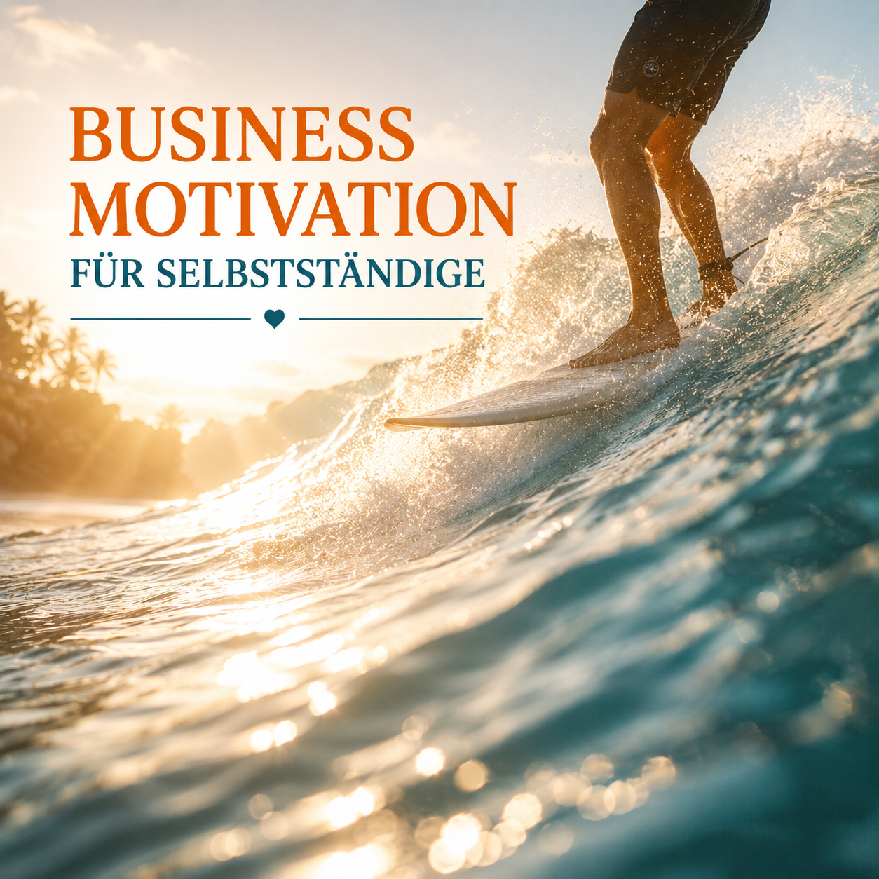 Business-Motivation für Selbstständige — Surfer auf einer Welle im goldenen Abendlicht